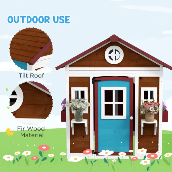 Outsunny Timber Playhouse with Doors - Dark Brown - Image 3