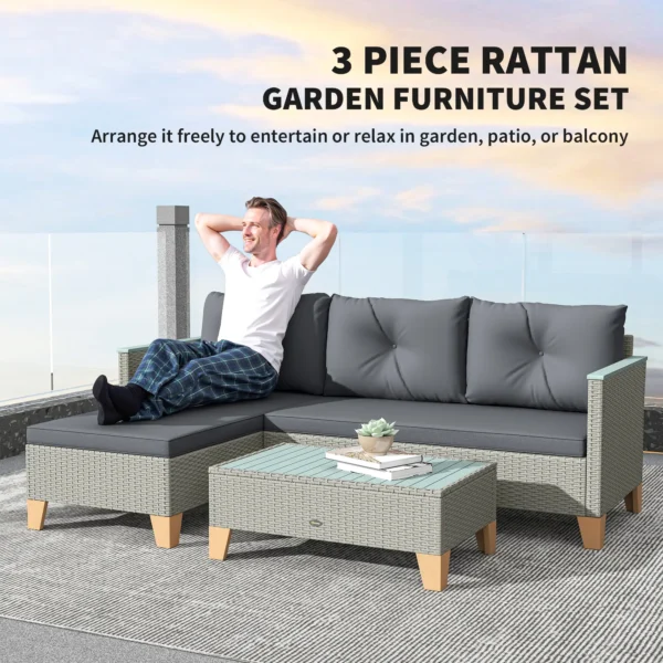 Outsunny  3 Piece Rattan L Shaped Garden Conversation Garden Furniture Set - Charcoal Grey - Image 2