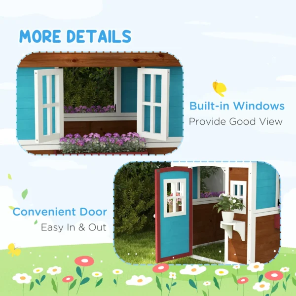 Outsunny Timber Playhouse with Doors - Dark Brown - Image 2