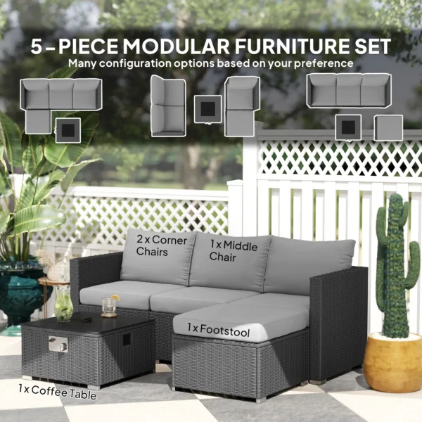 Outsunny 5 Piece Rattan Garden Furniture Set with Gas Fire Pit Table and Footstool - Grey - Image 2