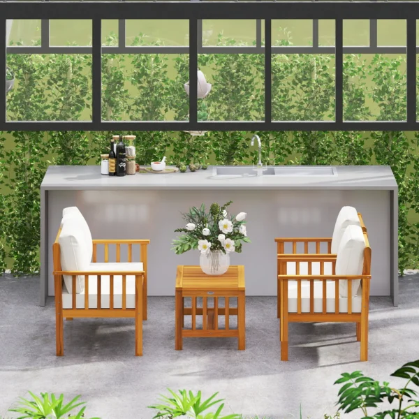 Outsunny Four-Piece Acacia Timber Garden Sofa Set - Teak/Cream - Image 2