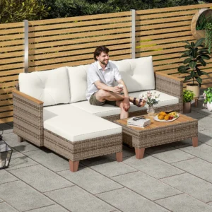 Outsunny  3 Piece Rattan L Shaped Garden Conversation Garden Furniture Set - Cream