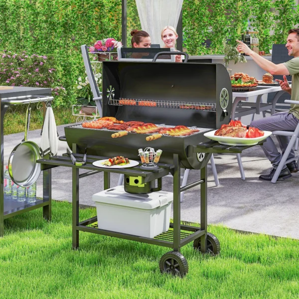 Outsunny Charcoal Barbecue Grill with Wheels - Black - Image 2