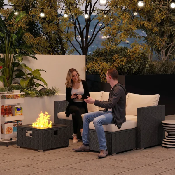 Outsunny 5 Piece Rattan Garden Furniture Set with Gas Fire Pit Table and Footstool - Black and Cream White - Image 2