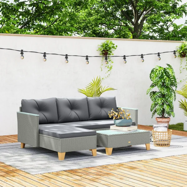 Outsunny  3 Piece Rattan L Shaped Garden Conversation Garden Furniture Set - Charcoal Grey - Image 4