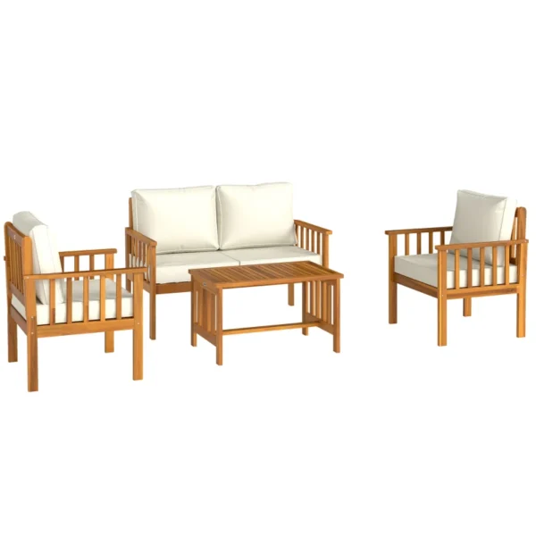 Outsunny Four-Piece Acacia Timber Garden Sofa Set - Teak/Cream - Image 4