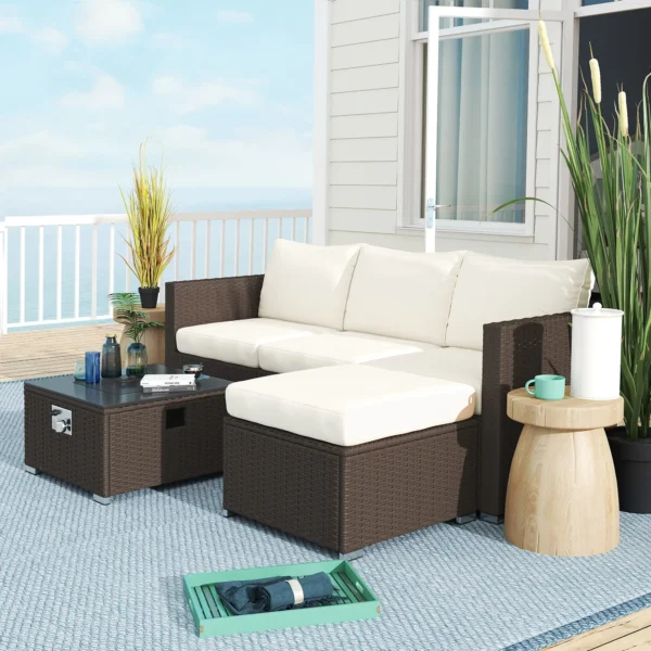 Outsunny 5 Piece Rattan Garden Furniture Set with Gas Fire Pit Table and Footstool - Brown and Cream White - Image 2