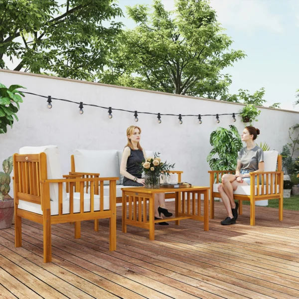 Outsunny Four-Piece Acacia Timber Garden Sofa Set - Teak/Cream - Image 5
