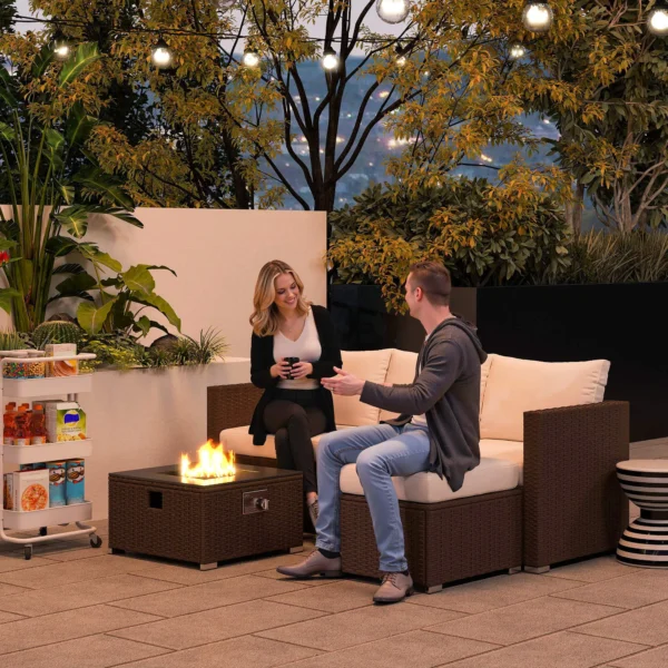 Outsunny 5 Piece Rattan Garden Furniture Set with Gas Fire Pit Table and Footstool - Brown and Cream White - Image 4