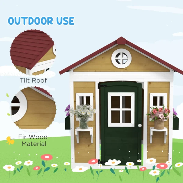 Outsunny Timber Playhouse with Doors - Beige - Image 3