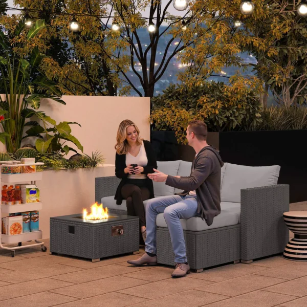 Outsunny 5 Piece Rattan Garden Furniture Set with Gas Fire Pit Table and Footstool - Grey - Image 4