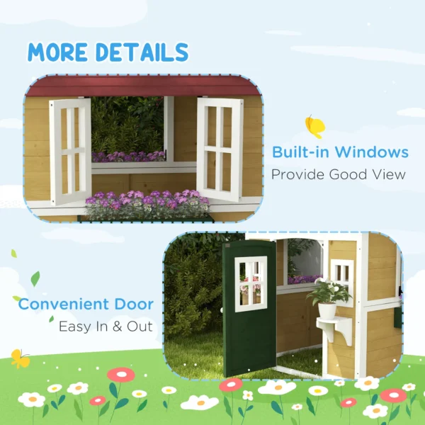 Outsunny Timber Playhouse with Doors - Beige - Image 5