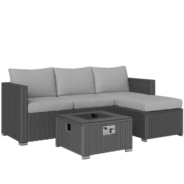 Outsunny 5 Piece Rattan Garden Furniture Set with Gas Fire Pit Table and Footstool - Grey