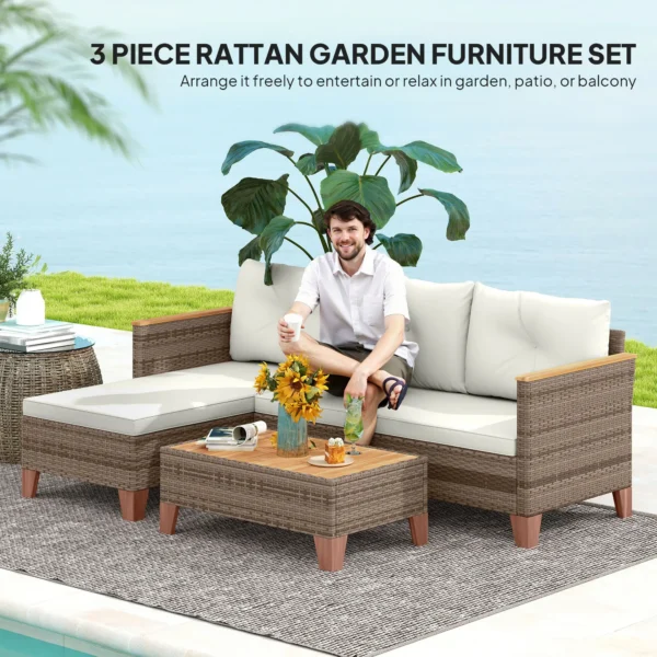 Outsunny  3 Piece Rattan L Shaped Garden Conversation Garden Furniture Set - Cream - Image 7