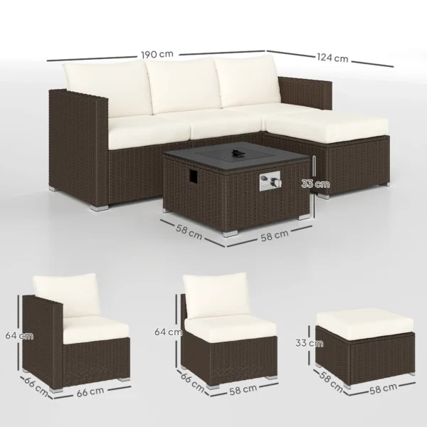 Outsunny 5 Piece Rattan Garden Furniture Set with Gas Fire Pit Table and Footstool - Brown and Cream White - Image 7