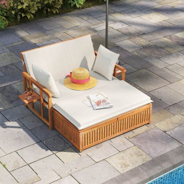 Pro-Tect Outdoor Daybed Acacia Timber Loveseat with Storage Ottoman - Image 3