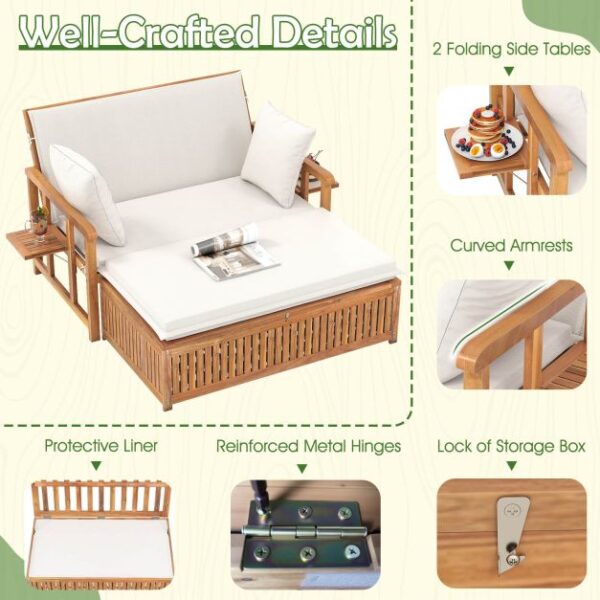 Pro-Tect Outdoor Daybed Acacia Timber Loveseat with Storage Ottoman - Image 11