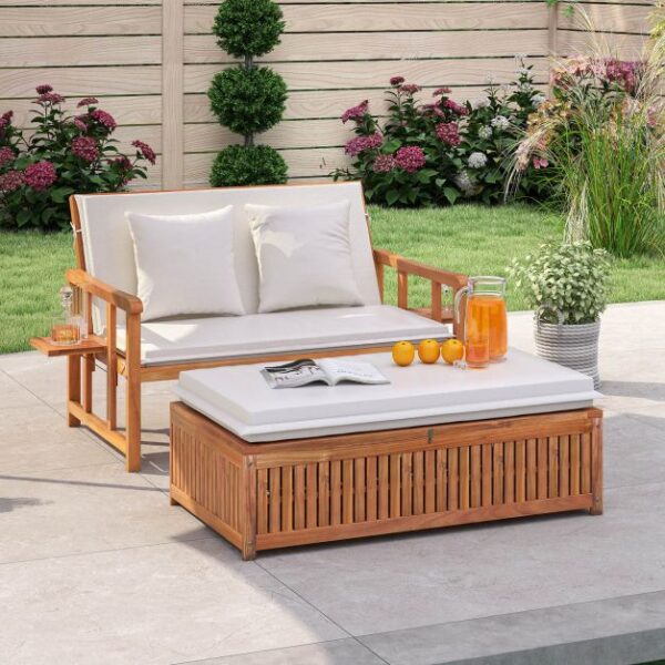 Pro-Tect Outdoor Daybed Acacia Timber Loveseat with Storage Ottoman - Image 4