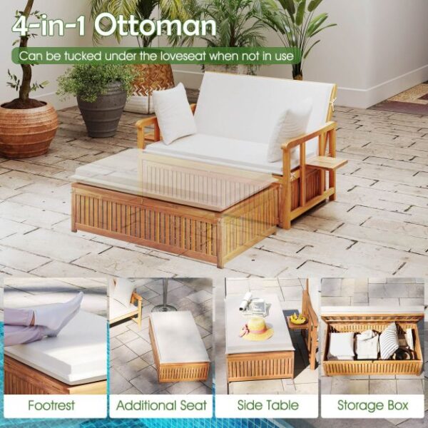Pro-Tect Outdoor Daybed Acacia Timber Loveseat with Storage Ottoman - Image 8