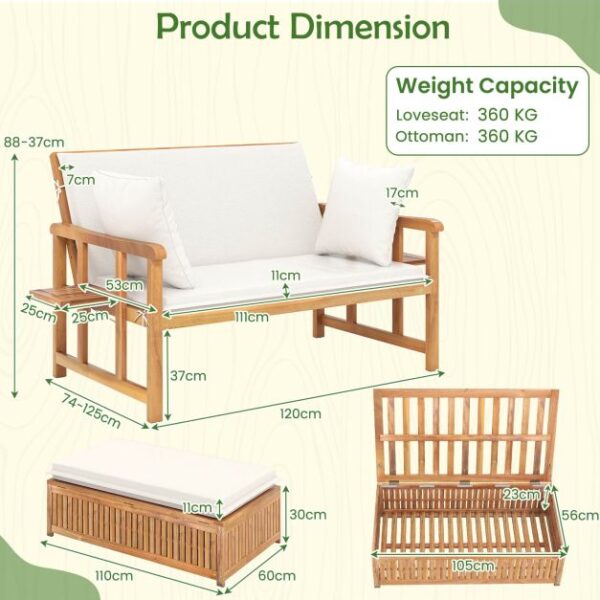 Pro-Tect Outdoor Daybed Acacia Timber Loveseat with Storage Ottoman - Image 2