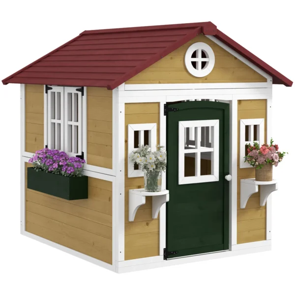 Outsunny Timber Playhouse with Doors - Beige - Image 9