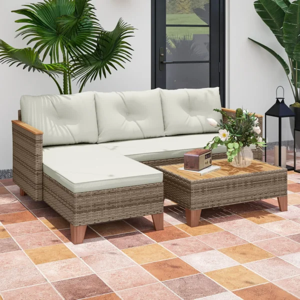 Outsunny  3 Piece Rattan L Shaped Garden Conversation Garden Furniture Set - Cream - Image 5