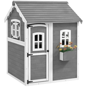 Outsunny Timber Playhouse with Front Door - Grey