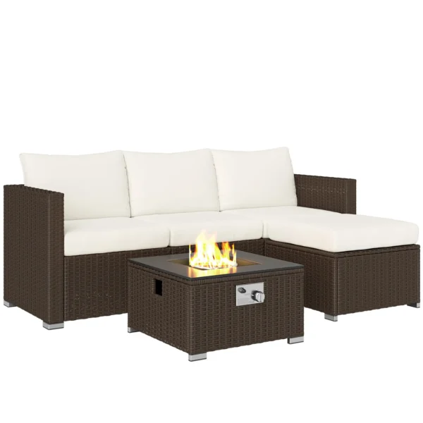 Outsunny 5 Piece Rattan Garden Furniture Set with Gas Fire Pit Table and Footstool - Brown and Cream White - Image 9