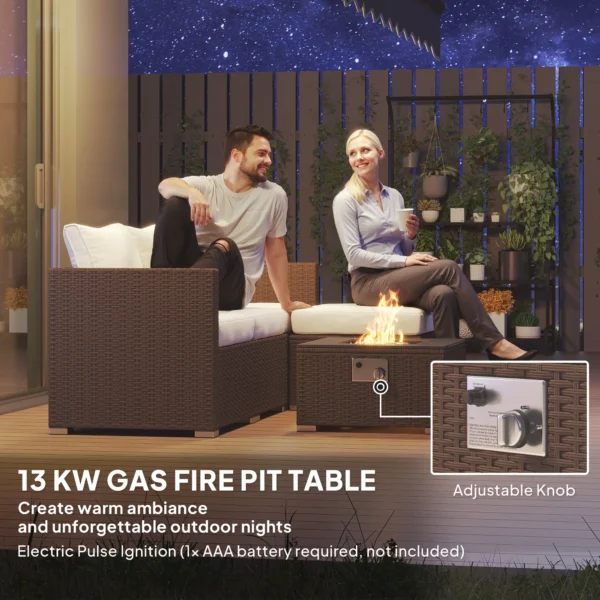 Outsunny 5 Piece Rattan Garden Furniture Set with Gas Fire Pit Table and Footstool - Brown and Cream White - Image 8
