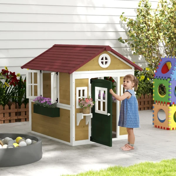Outsunny Timber Playhouse with Doors - Beige - Image 11