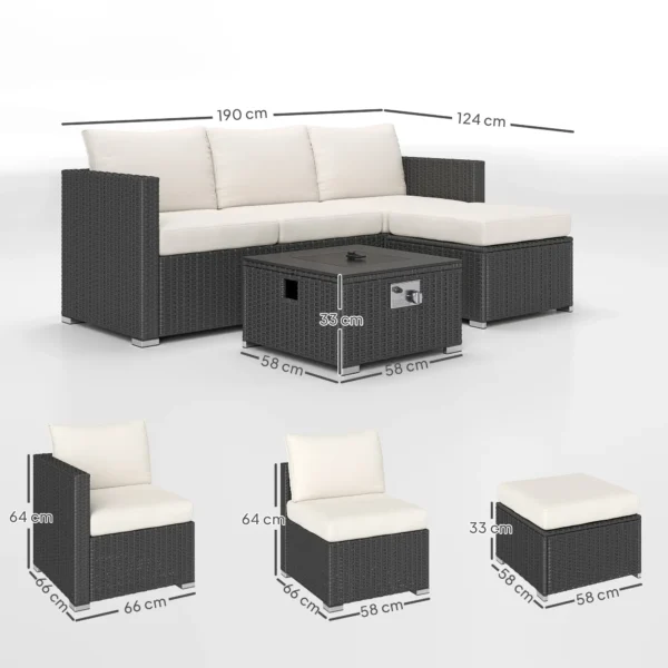 Outsunny 5 Piece Rattan Garden Furniture Set with Gas Fire Pit Table and Footstool - Black and Cream White - Image 7