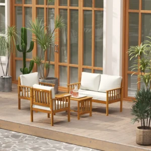 Outsunny Four-Piece Acacia Timber Garden Sofa Set - Teak/Cream