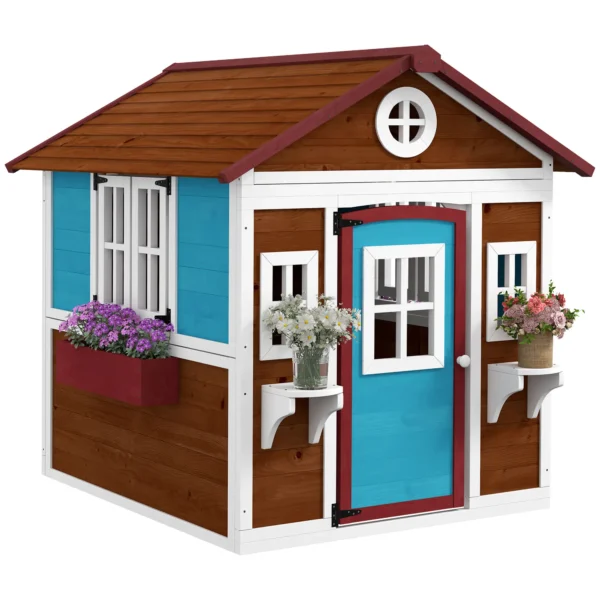 Outsunny Timber Playhouse with Doors - Dark Brown