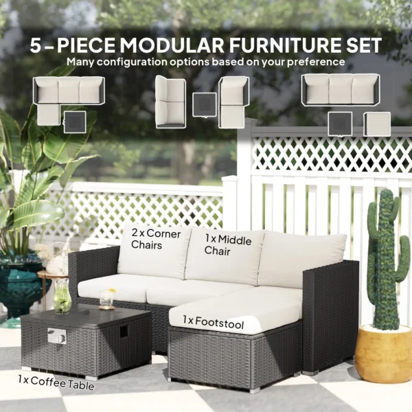 Outsunny 5 Piece Rattan Garden Furniture Set with Gas Fire Pit Table and Footstool - Black and Cream White - Image 9