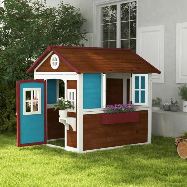Outsunny Timber Playhouse with Doors - Dark Brown - Image 4
