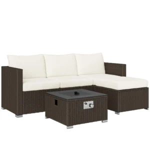Outsunny 5 Piece Rattan Garden Furniture Set with Gas Fire Pit Table and Footstool - Brown and Cream White