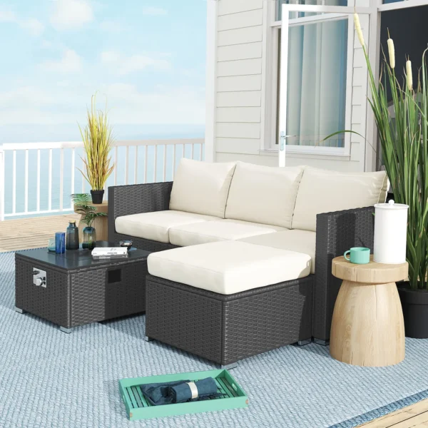 Outsunny 5 Piece Rattan Garden Furniture Set with Gas Fire Pit Table and Footstool - Black and Cream White - Image 4