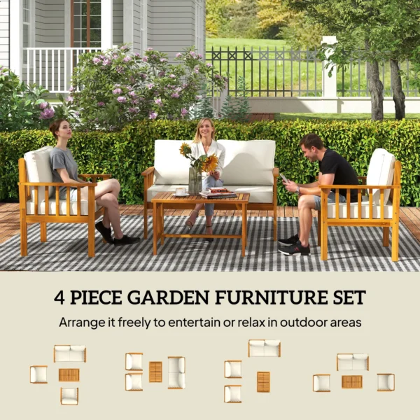 Outsunny Four-Piece Acacia Timber Garden Sofa Set - Teak/Cream - Image 9