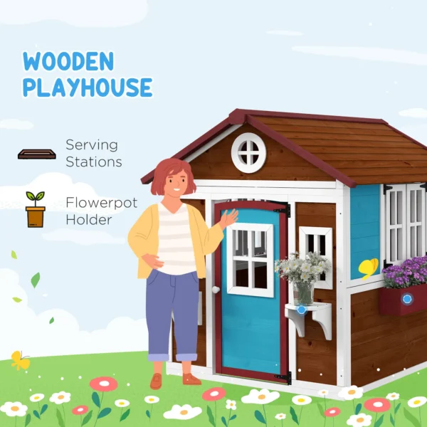 Outsunny Timber Playhouse with Doors - Dark Brown - Image 9