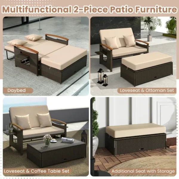 Pro-Tect Outdoor Wicker Daybed PE Rattan Loveseat and Storage Ottoman - Image 4