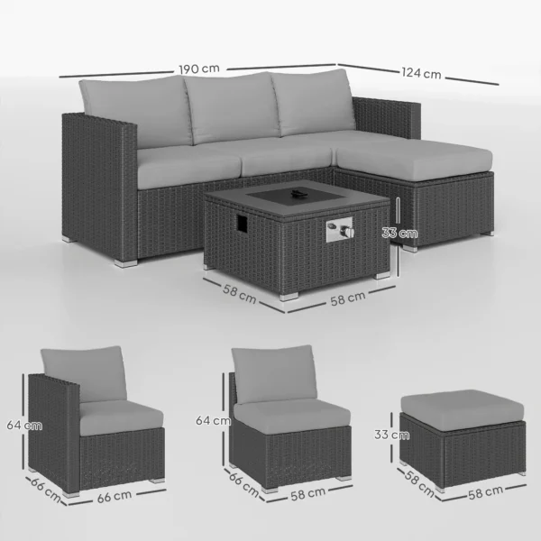 Outsunny 5 Piece Rattan Garden Furniture Set with Gas Fire Pit Table and Footstool - Grey - Image 9