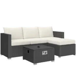 Outsunny 5 Piece Rattan Garden Furniture Set with Gas Fire Pit Table and Footstool - Black and Cream White