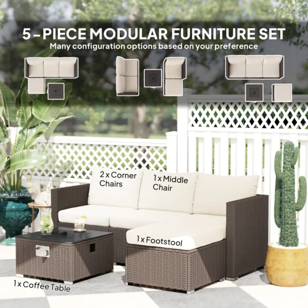 Outsunny 5 Piece Rattan Garden Furniture Set with Gas Fire Pit Table and Footstool - Brown and Cream White - Image 10