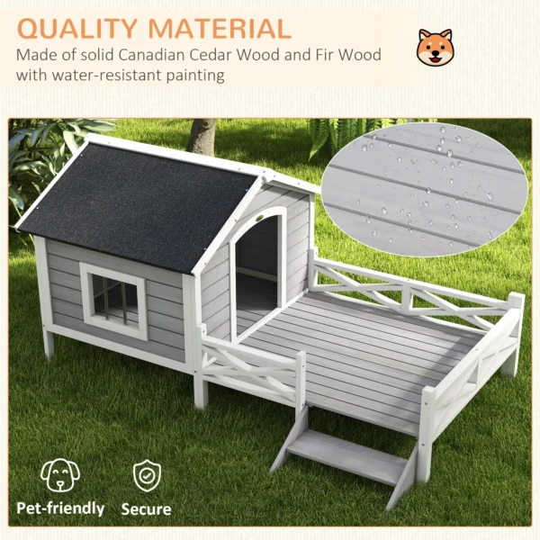 Outsunny PawHut Small/Medium Timber Dog House with Porch - Grey - Image 2