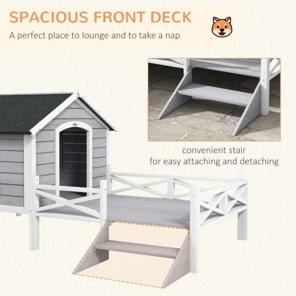 Outsunny PawHut Small/Medium Timber Dog House with Porch - Grey - Image 4
