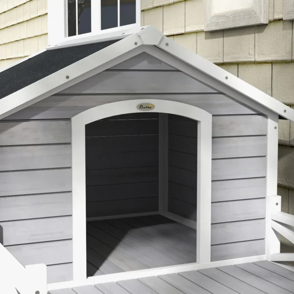 Outsunny PawHut Small/Medium Timber Dog House with Porch - Grey - Image 6