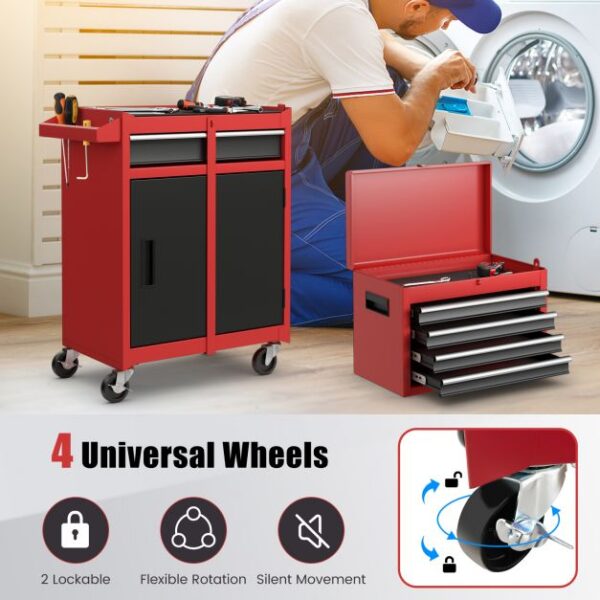 Pro-Tect Metal High Capacity Tool Storage Cabinet with Lockable Wheels - Red - Image 3