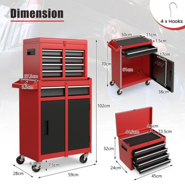 Pro-Tect Metal High Capacity Tool Storage Cabinet with Lockable Wheels - Red - Image 4