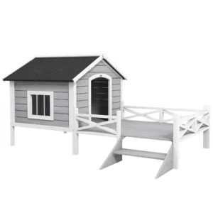 Outsunny PawHut Small/Medium Timber Dog House with Porch - Grey