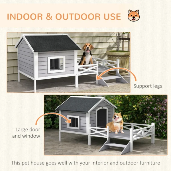 Outsunny PawHut Small/Medium Timber Dog House with Porch - Grey - Image 5
